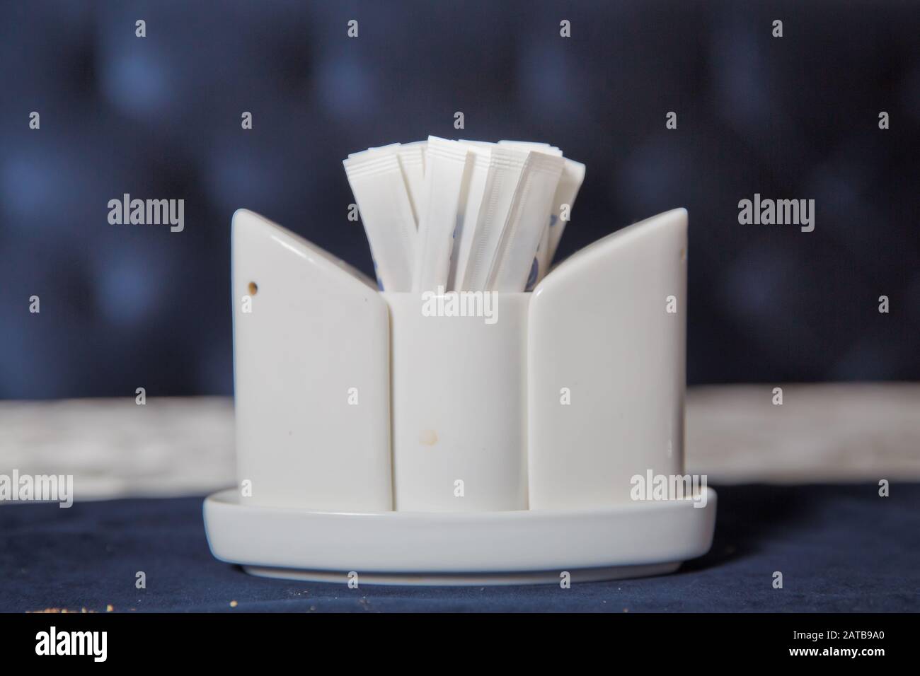 Toothpick. Ceramic pepper pot, salt shaker, toothpicks in paper