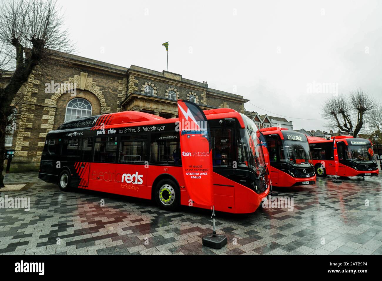 Salisbury Reds Electric Bus Launch at Salisbury Guildhall, 30th January 2020.  A total investment of £1.2 million paved the way for the latest additions to the city’s park and ride services, following a successful bid by the local bus operator and Wiltshire Council for £600,000 of Government funding.  The move means greener and cleaner journeys across the region.  Salisbury Reds is part of Go South Coast Stock Photo