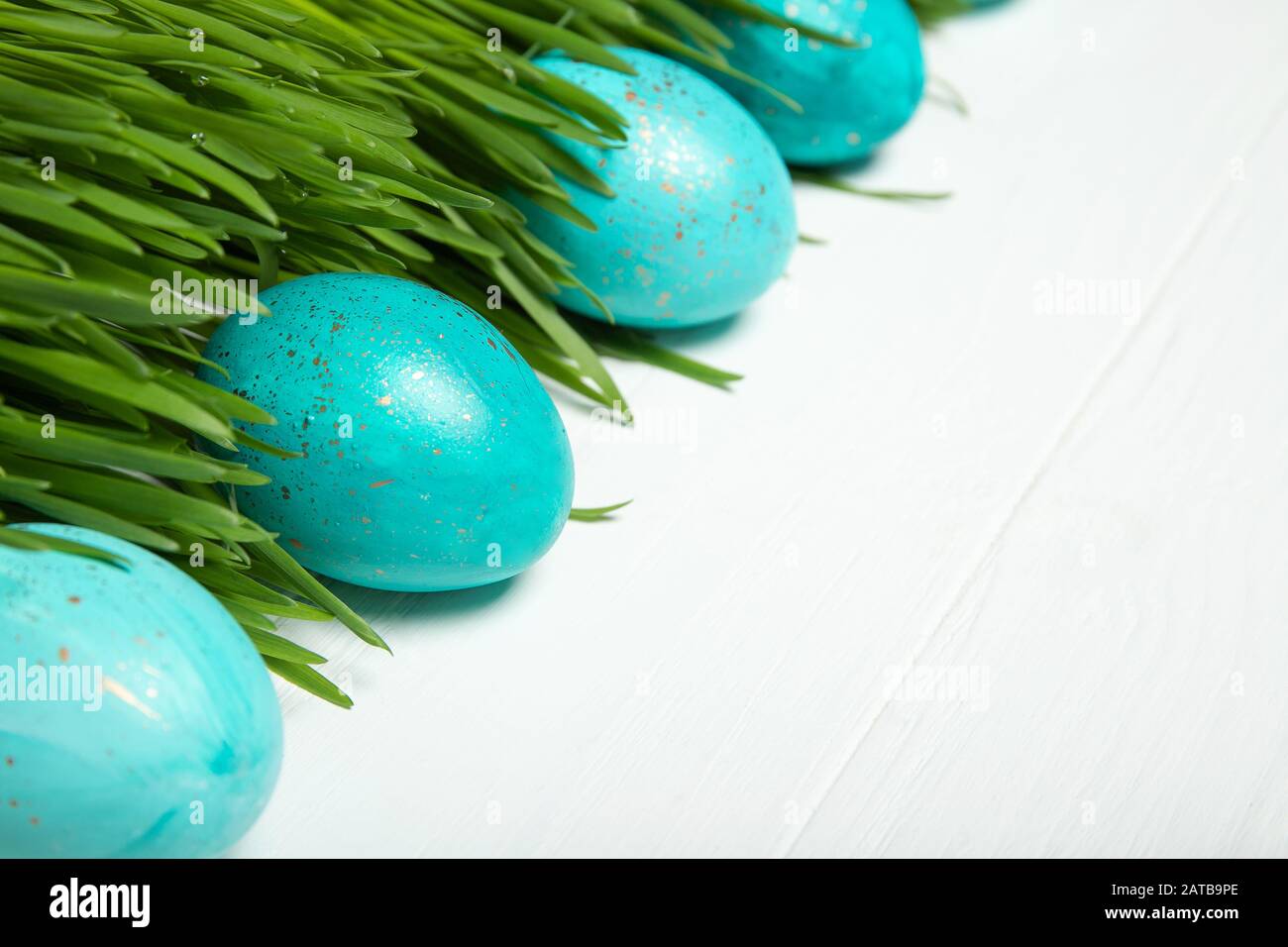 Easter eggs in fresh green grass. On white background Stock Photo