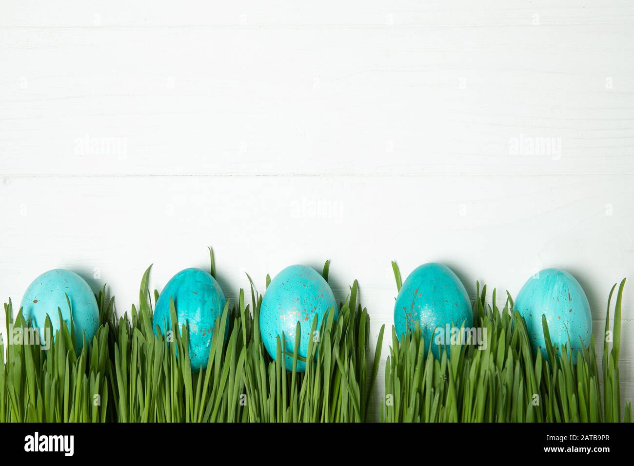 Easter eggs in fresh green grass. On white background Stock Photo