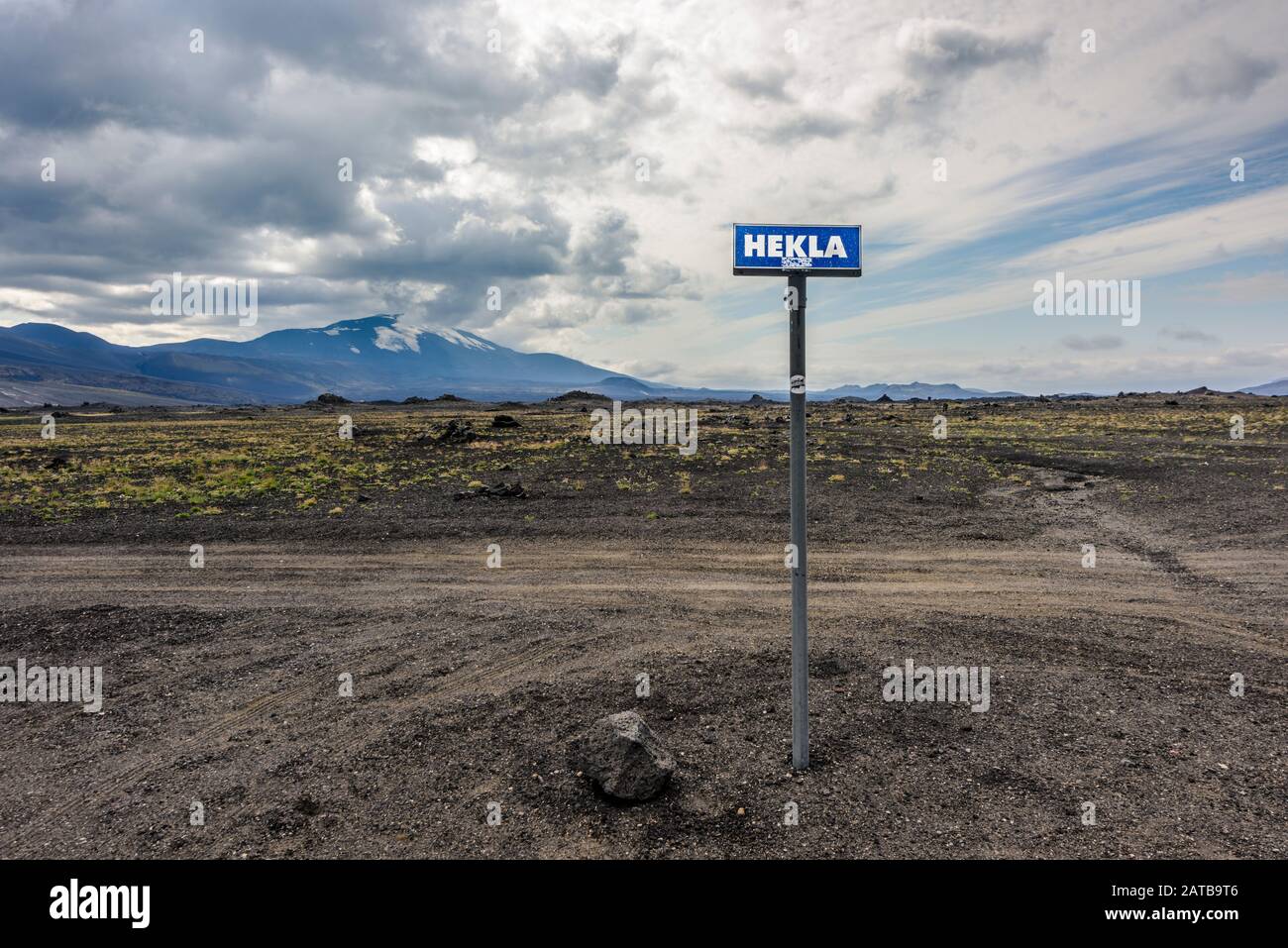 Signpost 'Hekla' with Hekla Volcano, called 'The Gateway to Hell', Iceland Stock Photo
