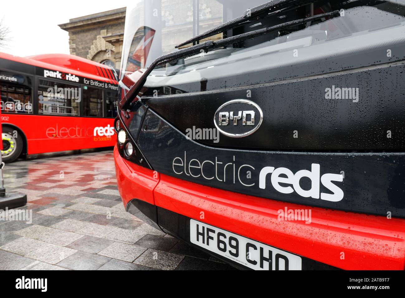Salisbury Reds Electric Bus Launch at Salisbury Guildhall, 30th January 2020.  A total investment of £1.2 million paved the way for the latest additions to the city’s park and ride services, following a successful bid by the local bus operator and Wiltshire Council for £600,000 of Government funding.  The move means greener and cleaner journeys across the region.  Salisbury Reds is part of Go South Coast Stock Photo