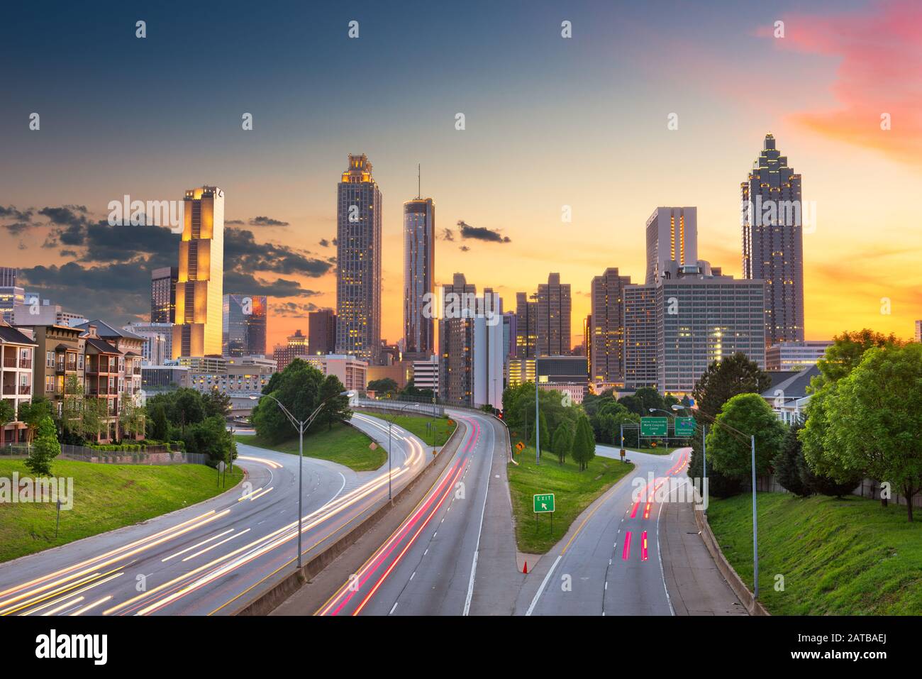 Atlanta, Georgia, USA downtown city skyline over Freedom Parkway at dusk. Stock Photo