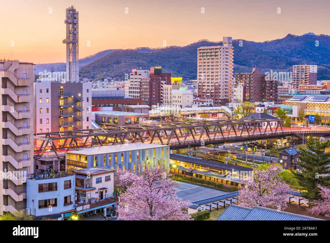 Kofu, Yamanashi,  Japan downtown cityscape in springtime at dusk. Stock Photo