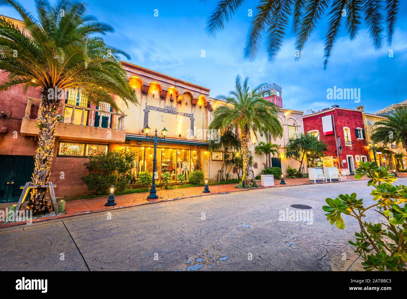 Okinawa, Japan shopping district at Mihama American Village at dusk. Stock Photo