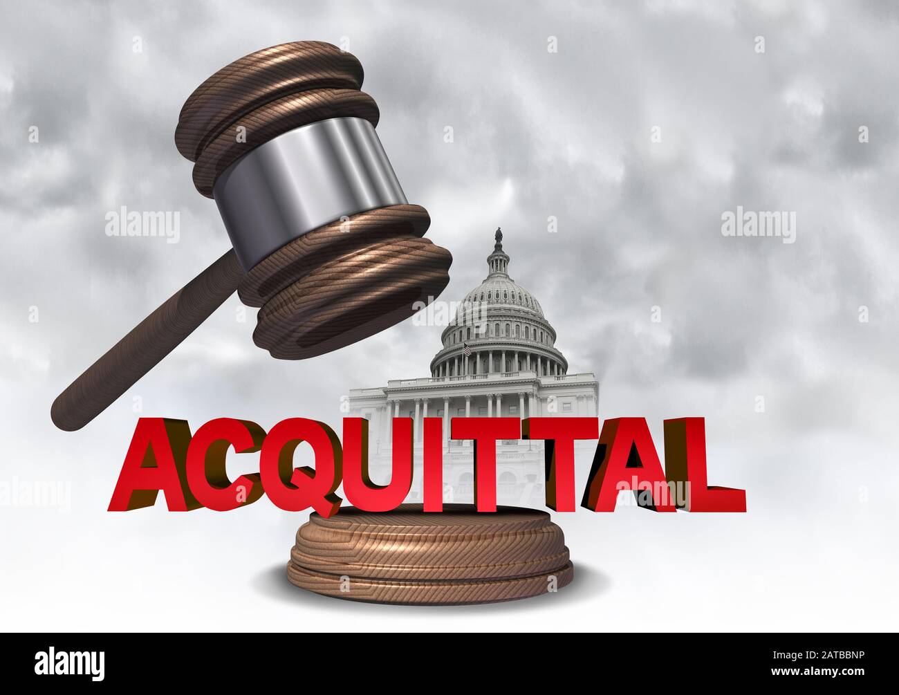 Acquittal and acquitted as a not guilty judgement to acquit a crime as a legal concept from a court of law as a gavel or judge mallet for a verdict. Stock Photo