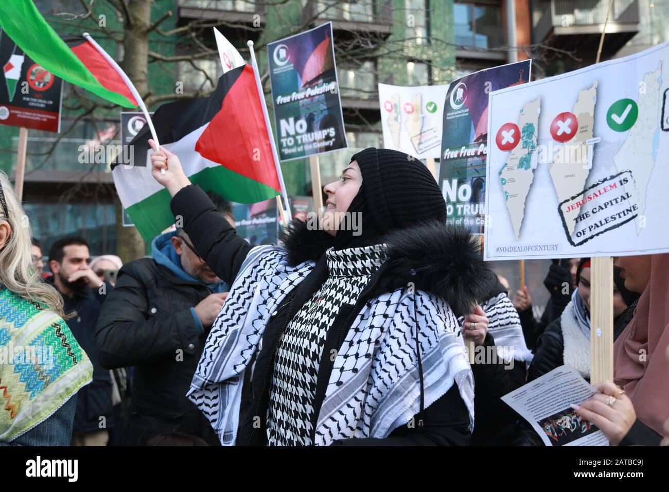 London, UK. 1st Feb 2020. American Embassy, Nine Elms, London, UK. The London Palestinian community and supporters protest against Donald Trump's 'Deal of the century' outside the US Embassy Credit: Natasha Quarmby/Alamy Live News Stock Photo