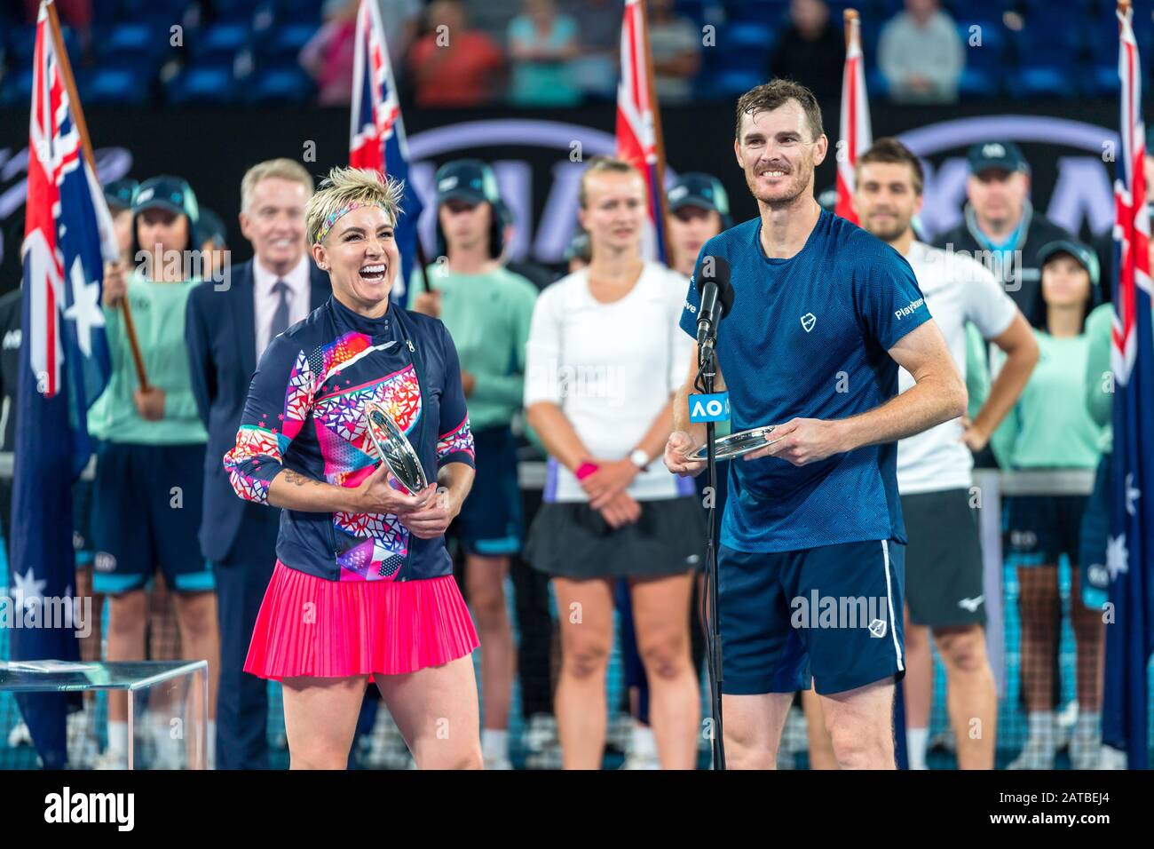Melbourne, Australia. 1st Feb, 2020.Jamie Murray and Bethanie Mattek-Sands at the trophy presentation for the runners up of he Mixed Doubles Championship during the 2020 Australian Open Tennis Championship on Day 13 at Melbourne Park Tennis Centre, Melbourne, Australia. 1 Feb 2020. ( © Andy Cheung/ArcK Images/arckimages.com/UK Tennis Magazine/International Sports Fotos) Credit: Roger Parker/Alamy Live News Stock Photo