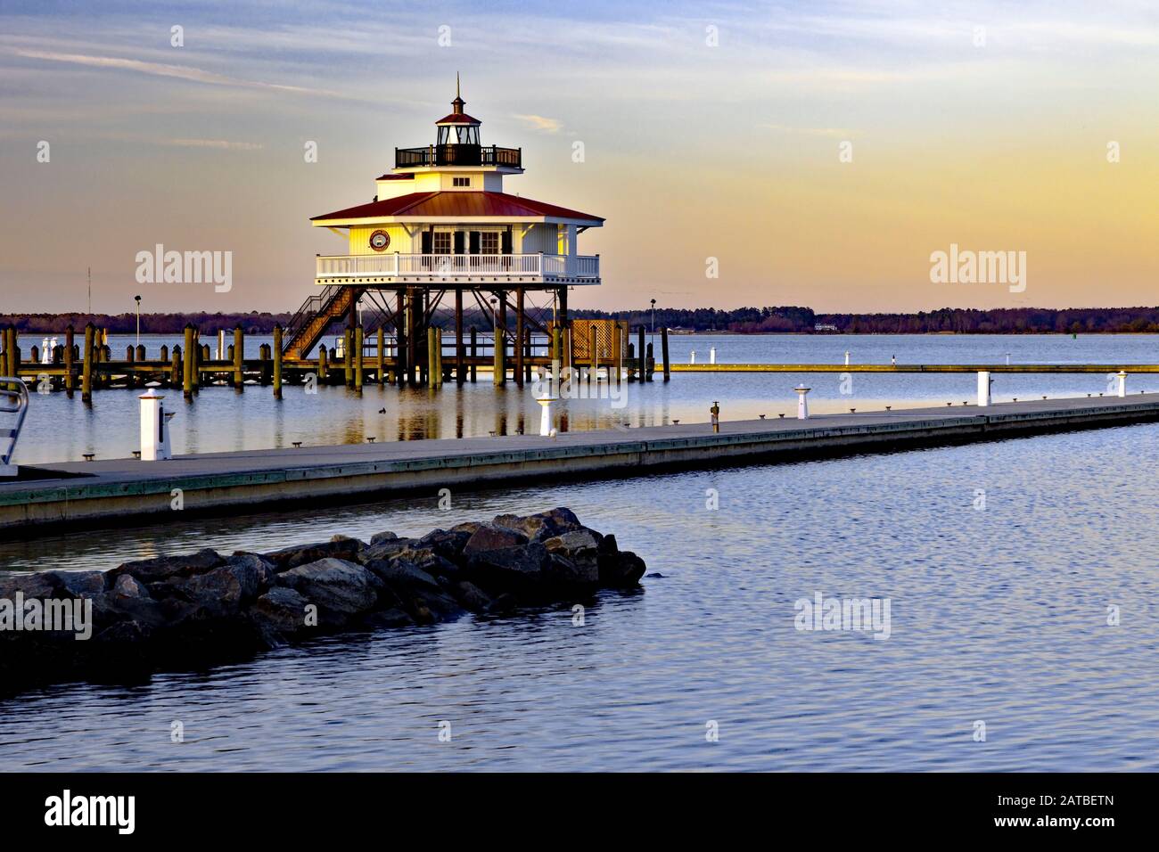 The Choptank River Light, a screw-pile lighthouse, is located near Cambridge, Maryland in the Chesapeake Bay, USA Stock Photo