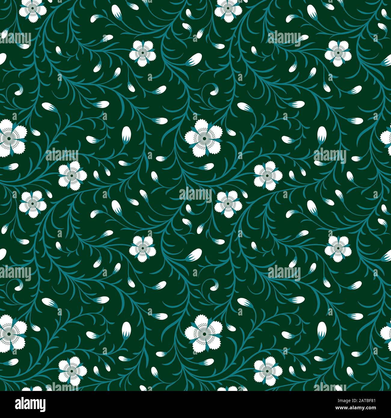 Seamless white floral pattern on green background Stock Vector