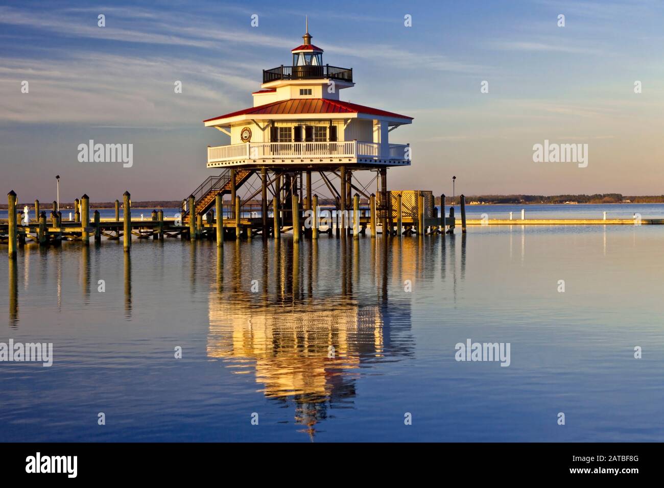 The Choptank River Light, a screw-pile lighthouse, is located near Cambridge, Maryland in the Chesapeake Bay, USA Stock Photo