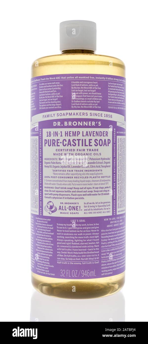 Winneconne, WI - 19 January 2019 : A bottle of Dr Bronners pure castle lavender soap on an isolated background Stock Photo