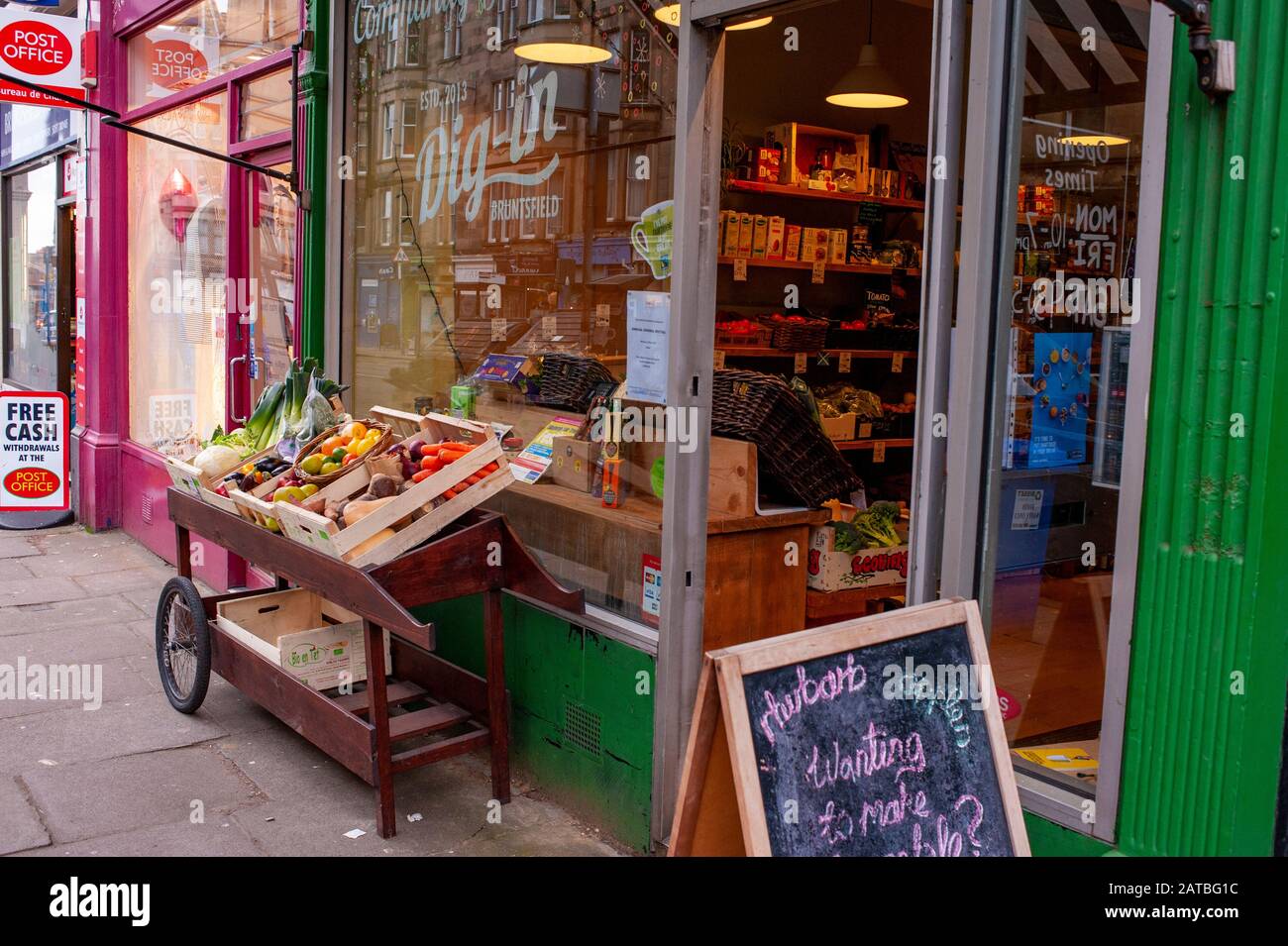 Organic food and vegetables shop in Edinburgh. Edinburgh cityscape