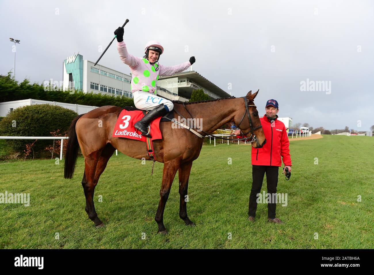 Chacun Pour Soi and Paul Townend celebrate after winning The Ladbrokes Dublin Chase during day one of the Dublin Racing Festival at Leopardstown Racecourse. Stock Photo