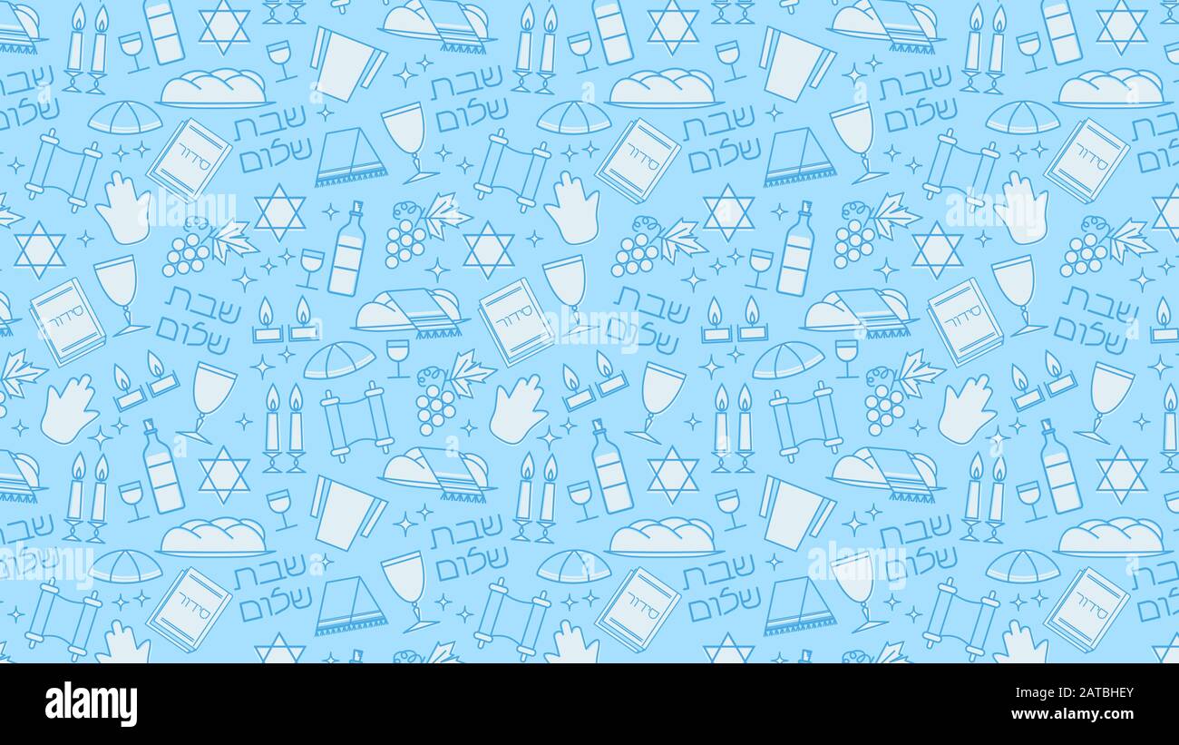 Shabbat blue background. Star of David, candles, kiddush cup and challah. Hebrew text 'Shabbat Shalom'. Vector illustration. Stock Vector