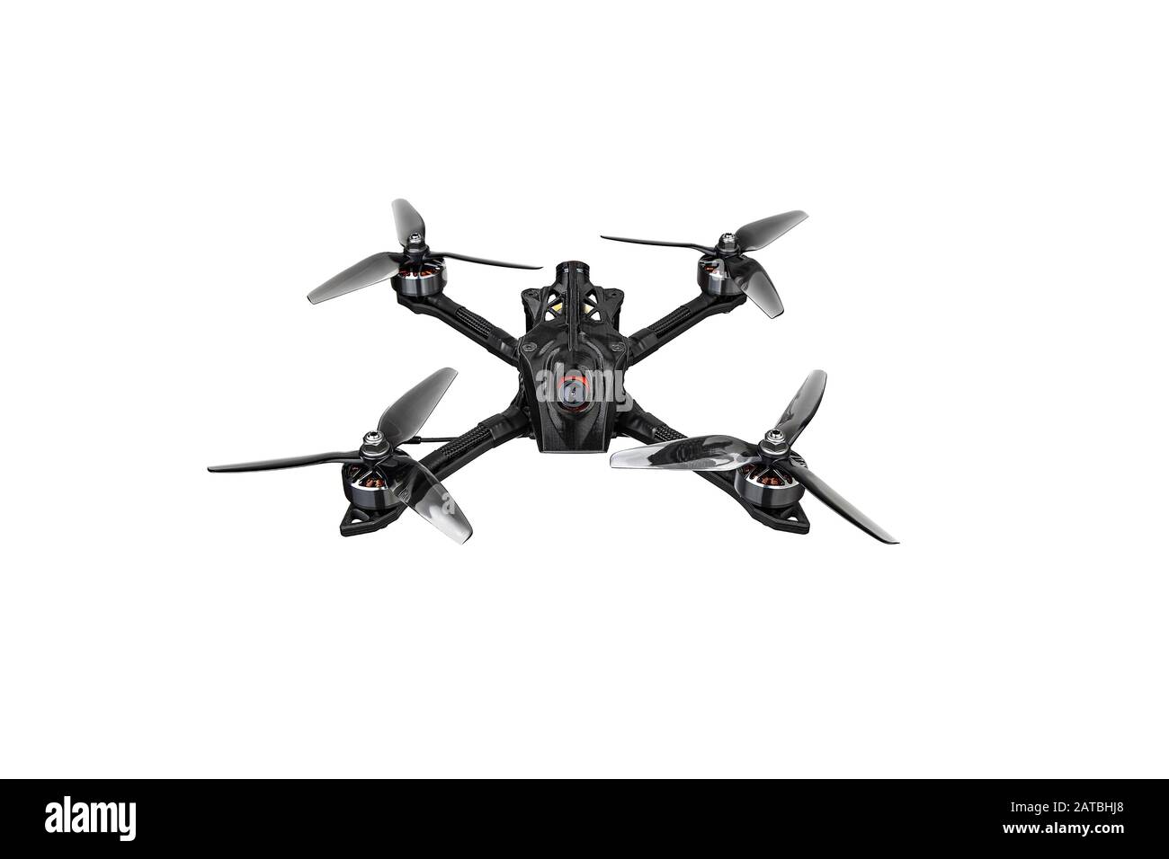 Modern FPV drone on a white background. Fourengine aircraft on the