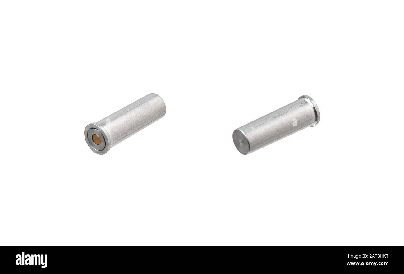 False ammo for idle double-barreled shotgun shutter. Metal cylinders isolate on a white background. Stock Photo