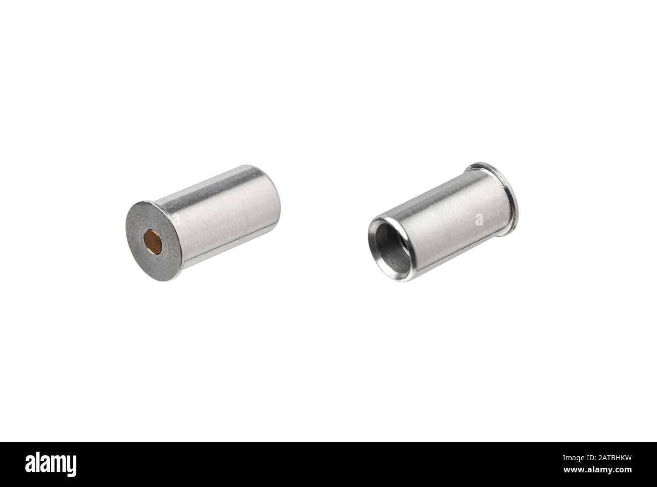 False ammo for idle double-barreled shotgun shutter. Metal cylinders isolate on a white background. Stock Photo