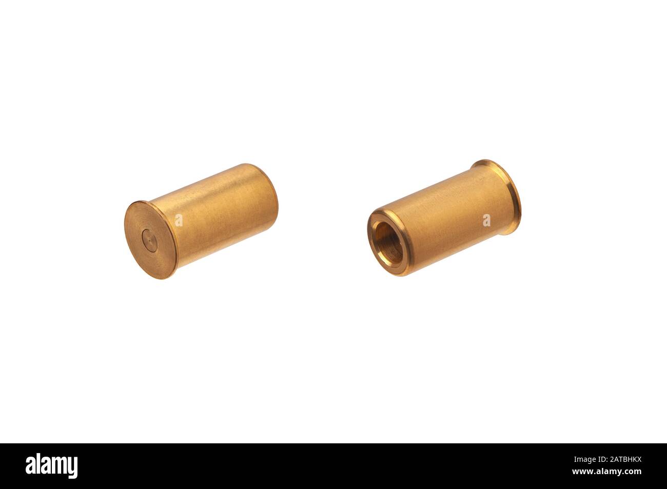 False ammo for idle double-barreled shotgun shutter. Metal cylinders isolate on a white background. Stock Photo