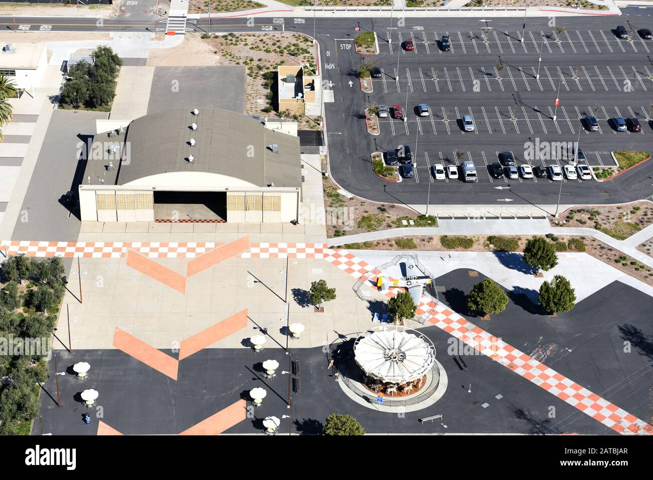 IRVINE, CALIFORNIA - 31 JAN 2020: Aerial View of the Hangar and Carousel at the Orange County Great Park. Stock Photo