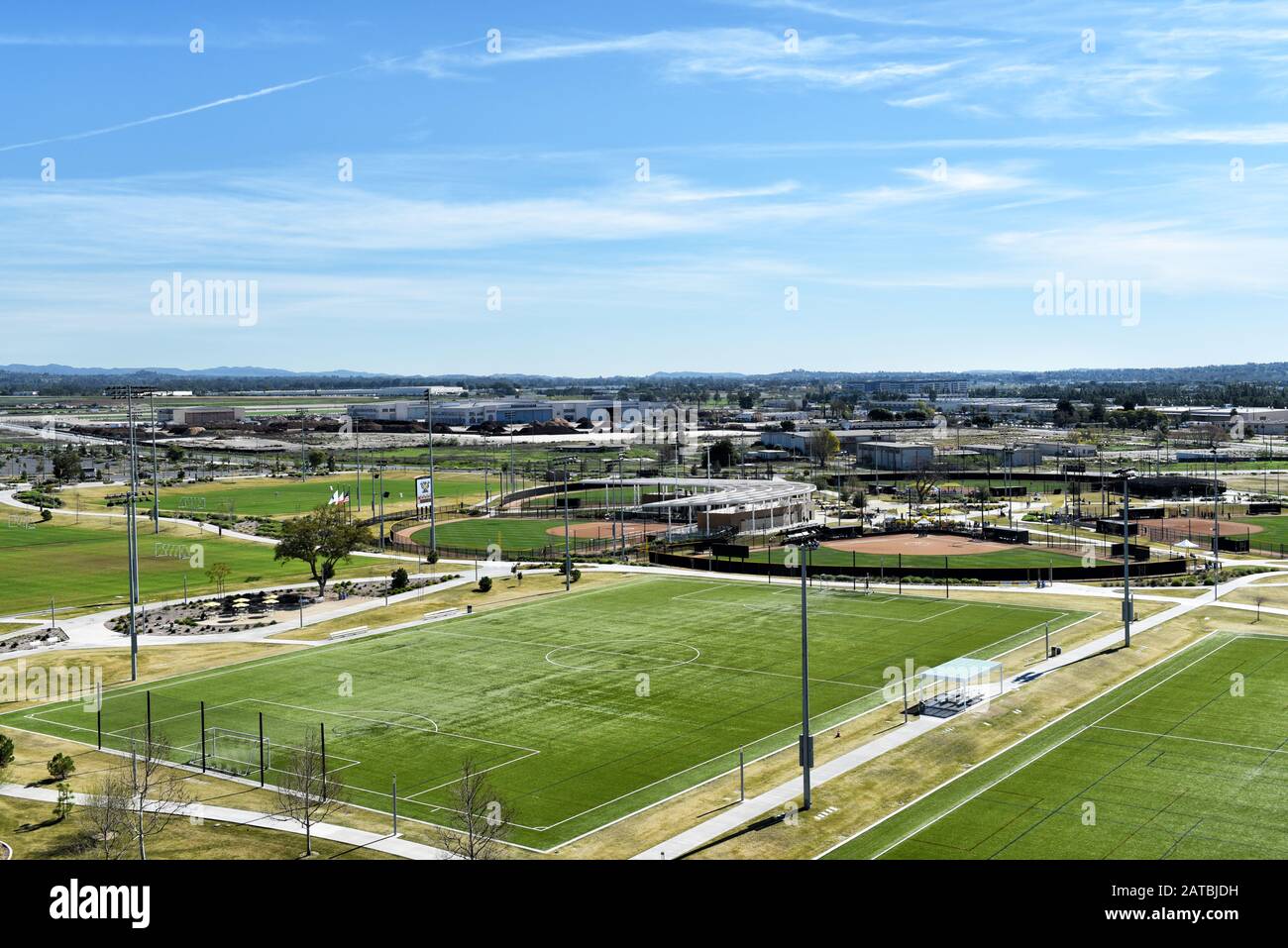 IRVINE, CALIFORNIA - 31 JAN 2020: Aerial view of soccer fields and the Softball Stadium at the Orange County Great Park. Stock Photo