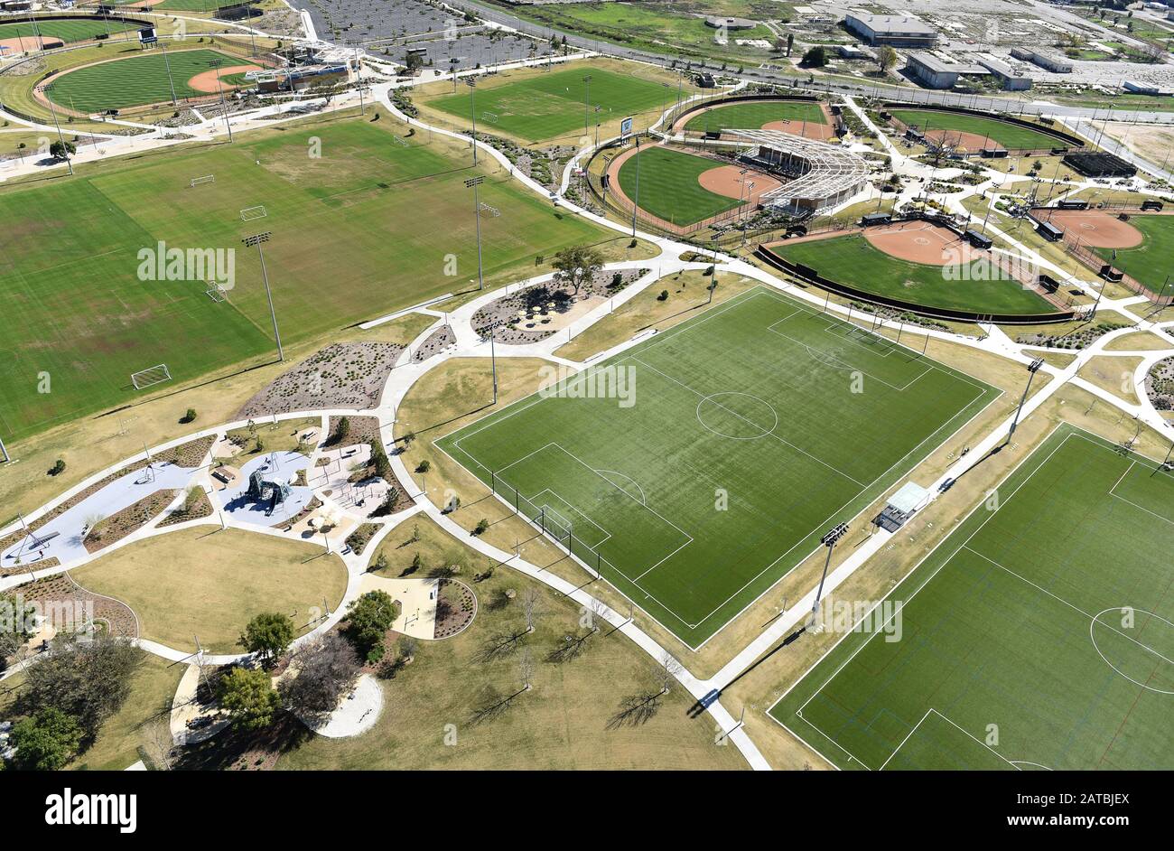 IRVINE, CALIFORNIA 31 JAN 2020 Aerial View of Soccer Fields and the