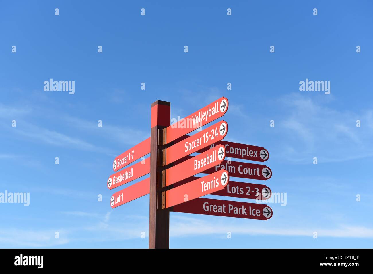 IRVINE, CALIFORNIA - 31 JAN 2020: Direction signs at the Orange County Great Park. Stock Photo