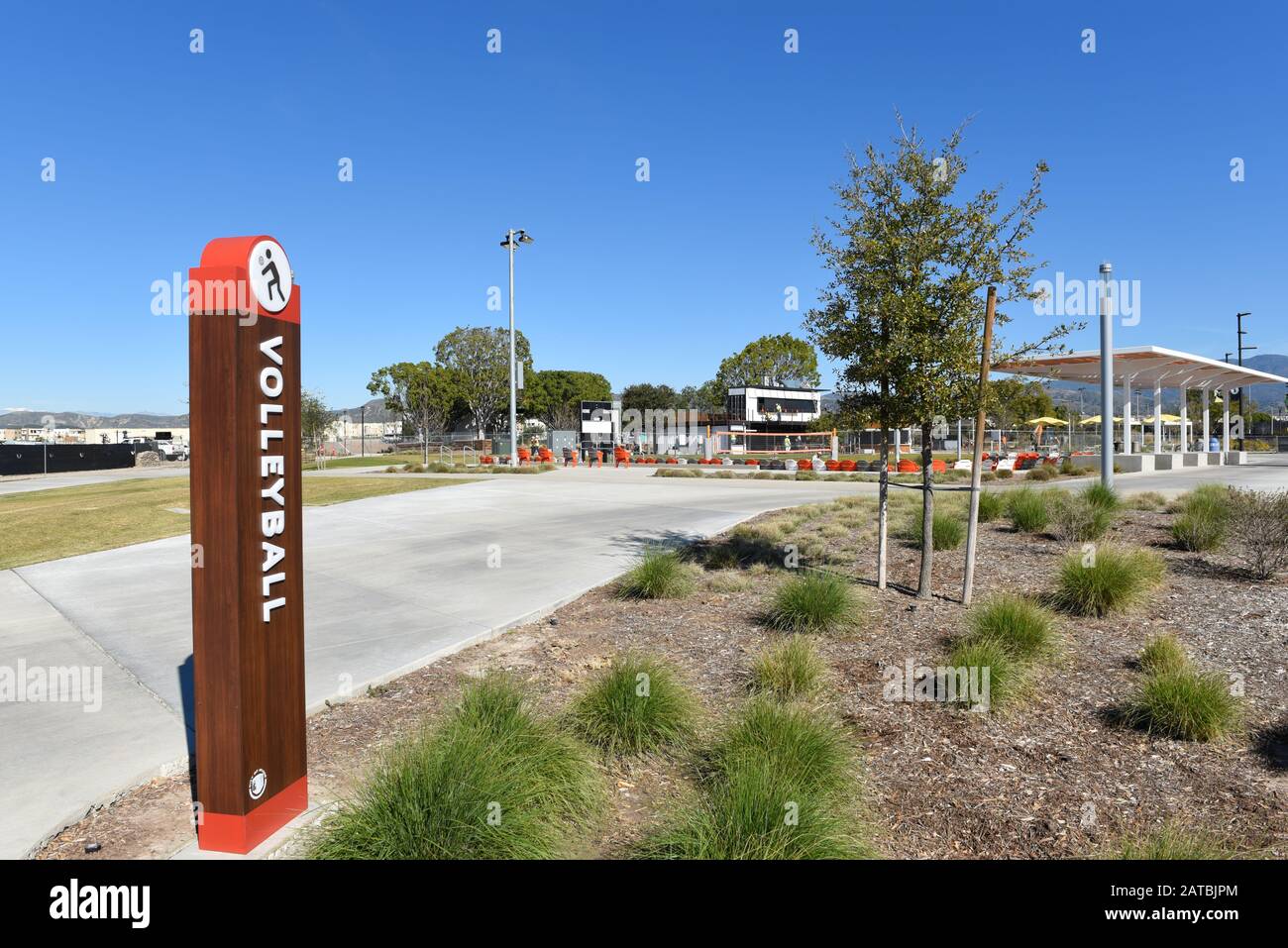 IRVINE, CALIFORNIA - 31 JAN 2020: Sand Volleyball stadium court at the Orange County Great Park. Stock Photo