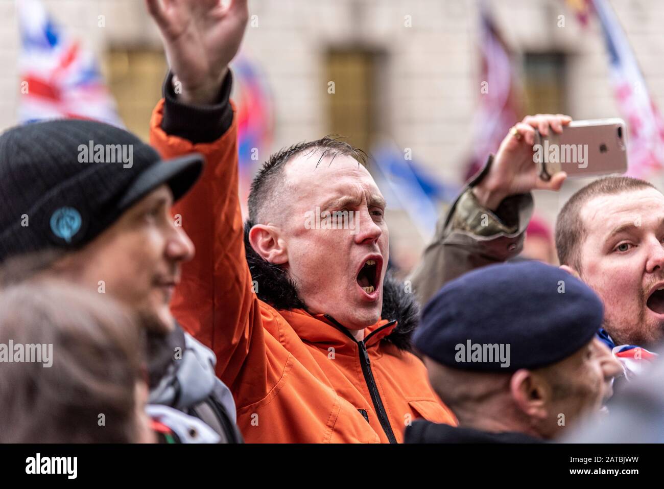 Angry Brexiteers chanting anti Europe messages at pro EU remainers on Brexit Day, 31 January 2020, in London, UK. White Caucasian male. Males Stock Photo