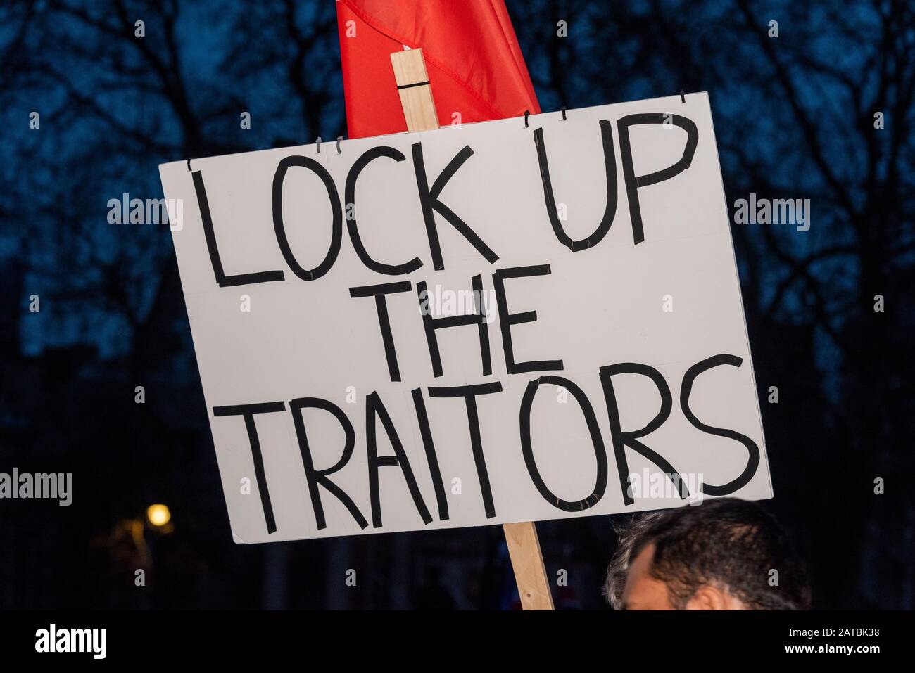 Lock up the traitors placard at the celebration event in Parliament Square on Brexit Day, 31 January 2020, in London, UK. Brexiteer protesting Stock Photo