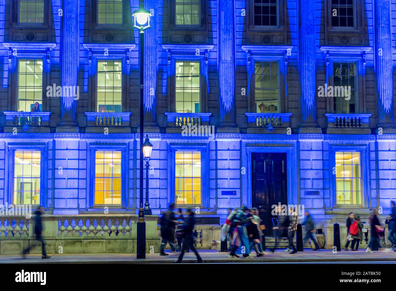 Blue colour projected onto the Cabinet Office in Whitehall for the Brexit Celebration on Brexit Day, 31 January 2020, in London, UK Stock Photo