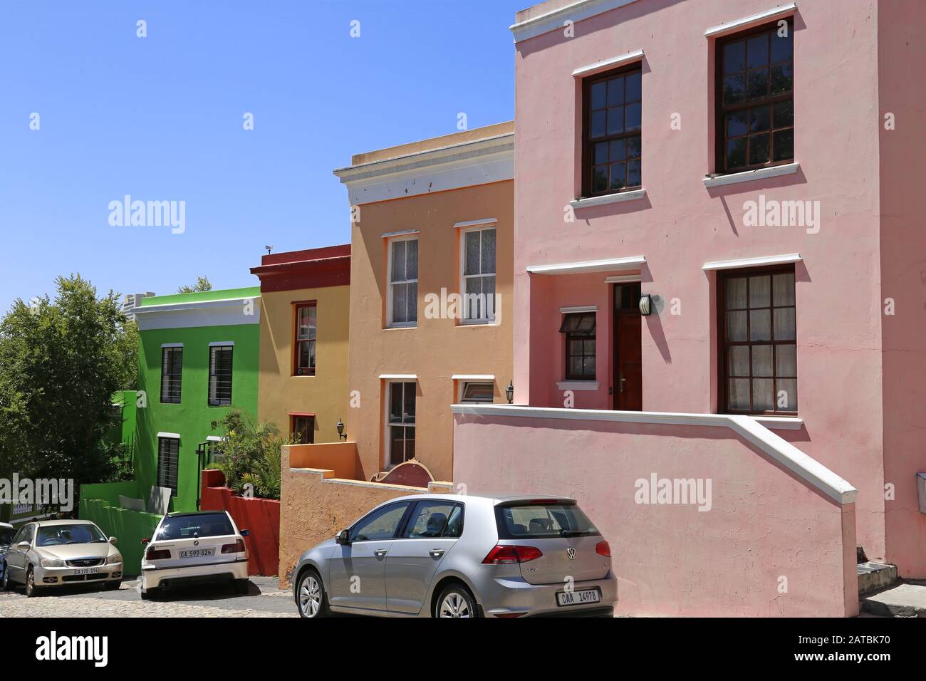 Brightly painted houses, Pentz Street, Bo Kaap, Cape Town, Table Bay, Western Cape Province, South Africa, Africa Stock Photo