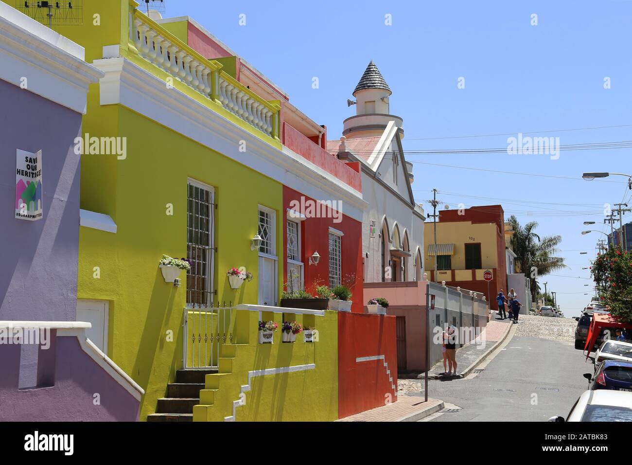 Brightly painted houses, Chiappini Street, Bo Kaap, Cape Town, Table Bay, Western Cape Province, South Africa, Africa Stock Photo