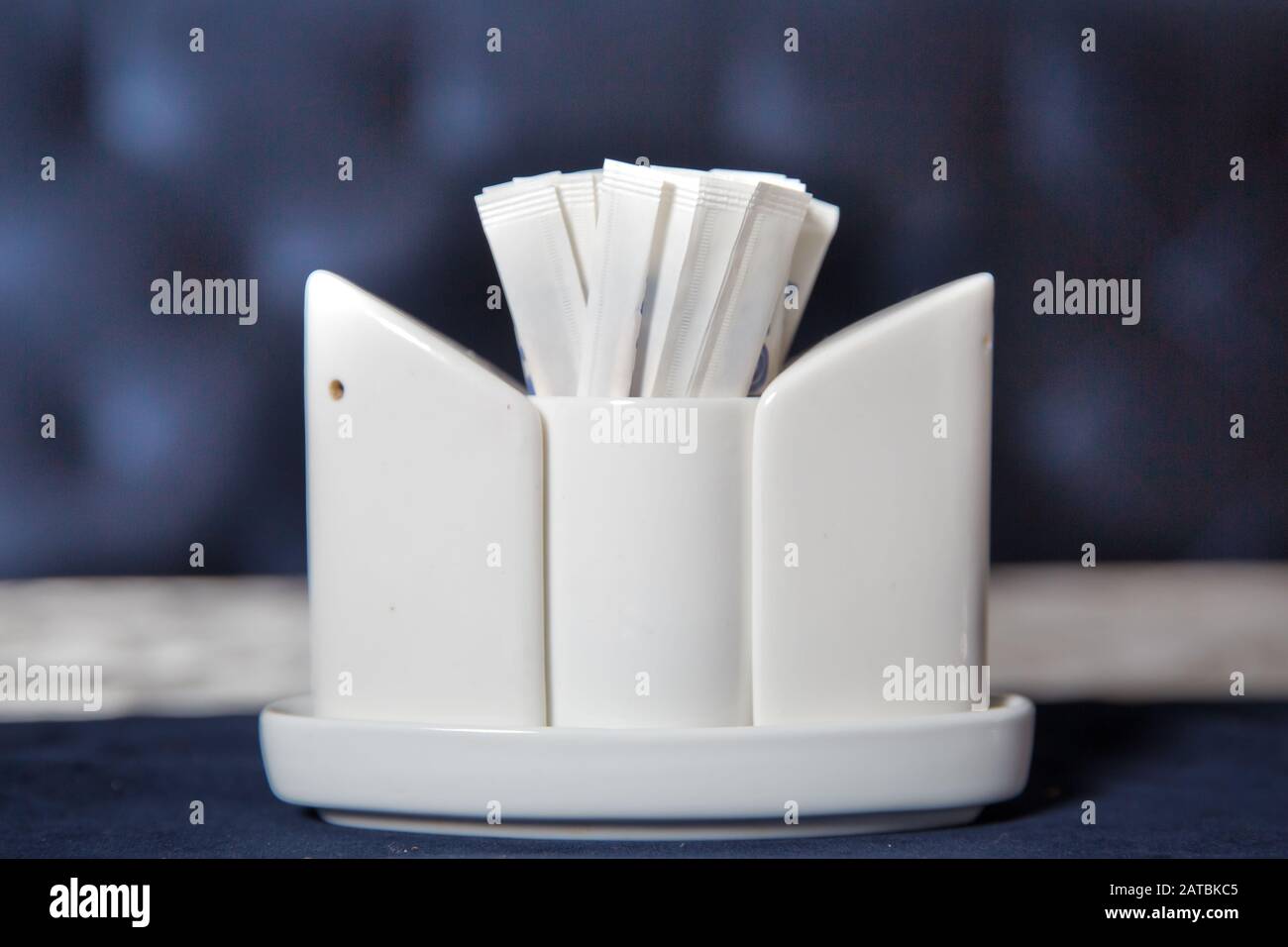 Toothpick. Ceramic pepper pot, salt shaker, toothpicks in paper