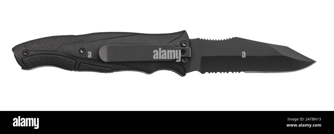 black knife multitool isolated on white background Stock Photo
