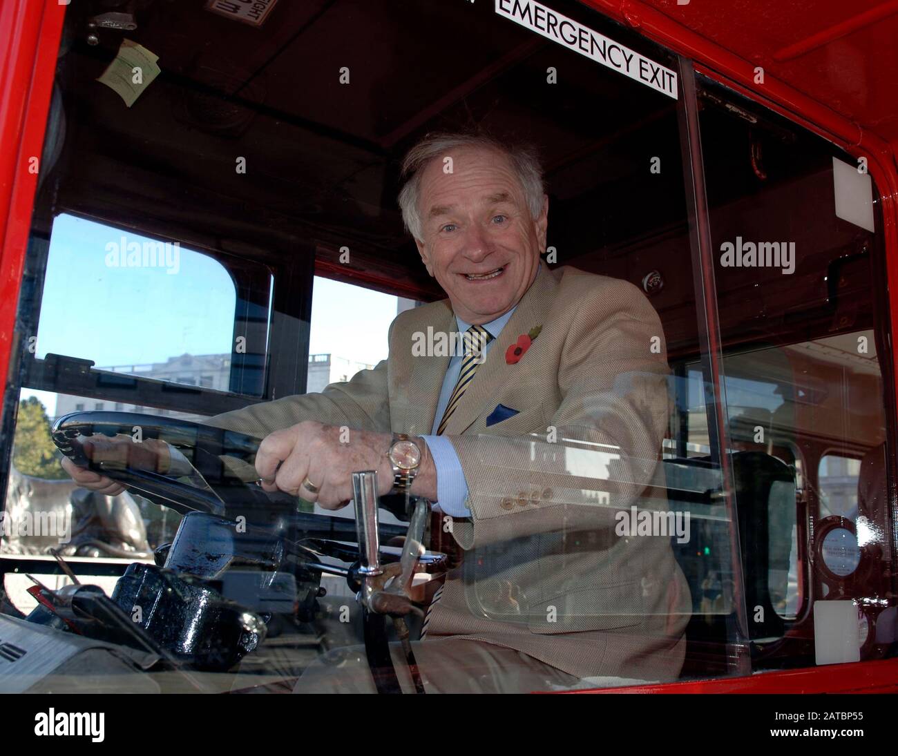 Johnny Ball at the 50th birthday celebrations of the launch of  the premium bonds, on a 1950's route master bus in Trafalgar Square. Stock Photo