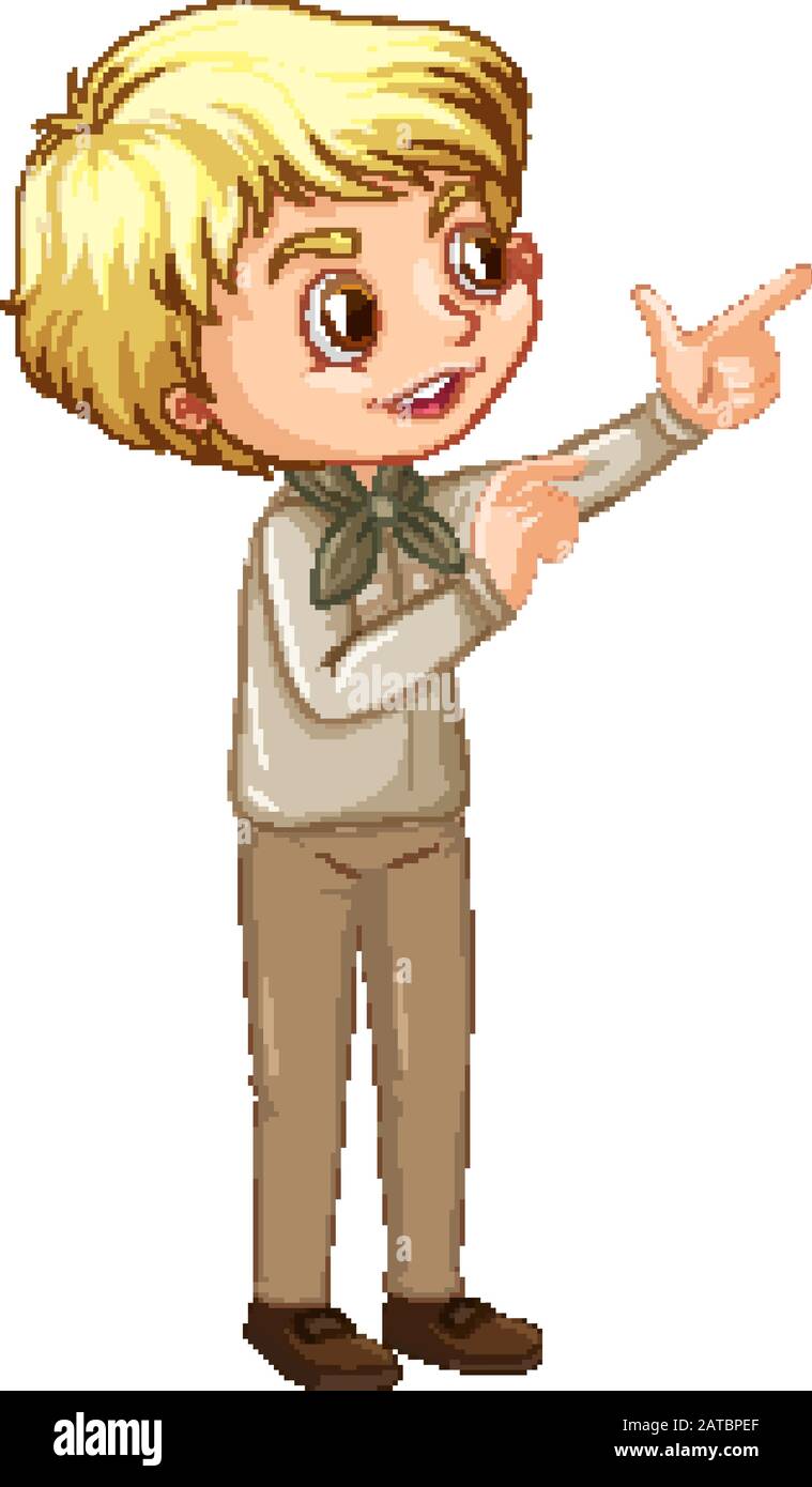 Boy in scout uniform pointing on white background illustration Stock ...