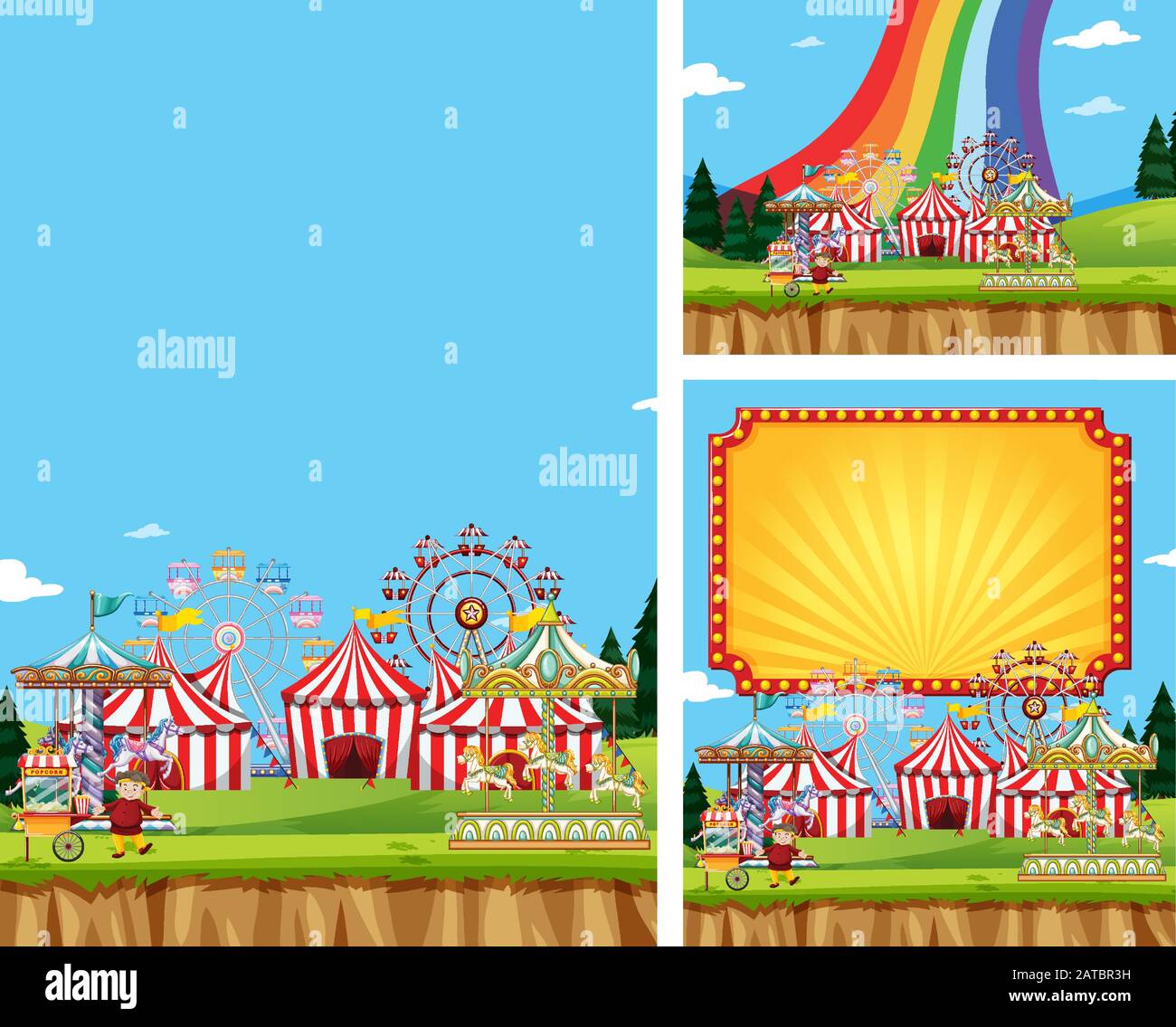 Three scene of circus with many rides illustration Stock Vector Image ...