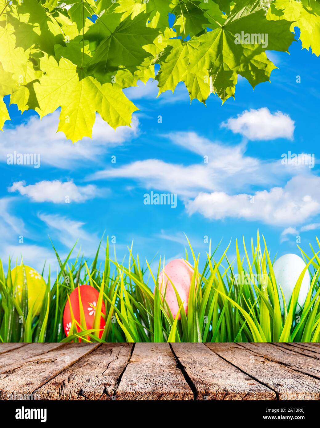 Easter background with colorful eggs in green grass, blue sky and white ...