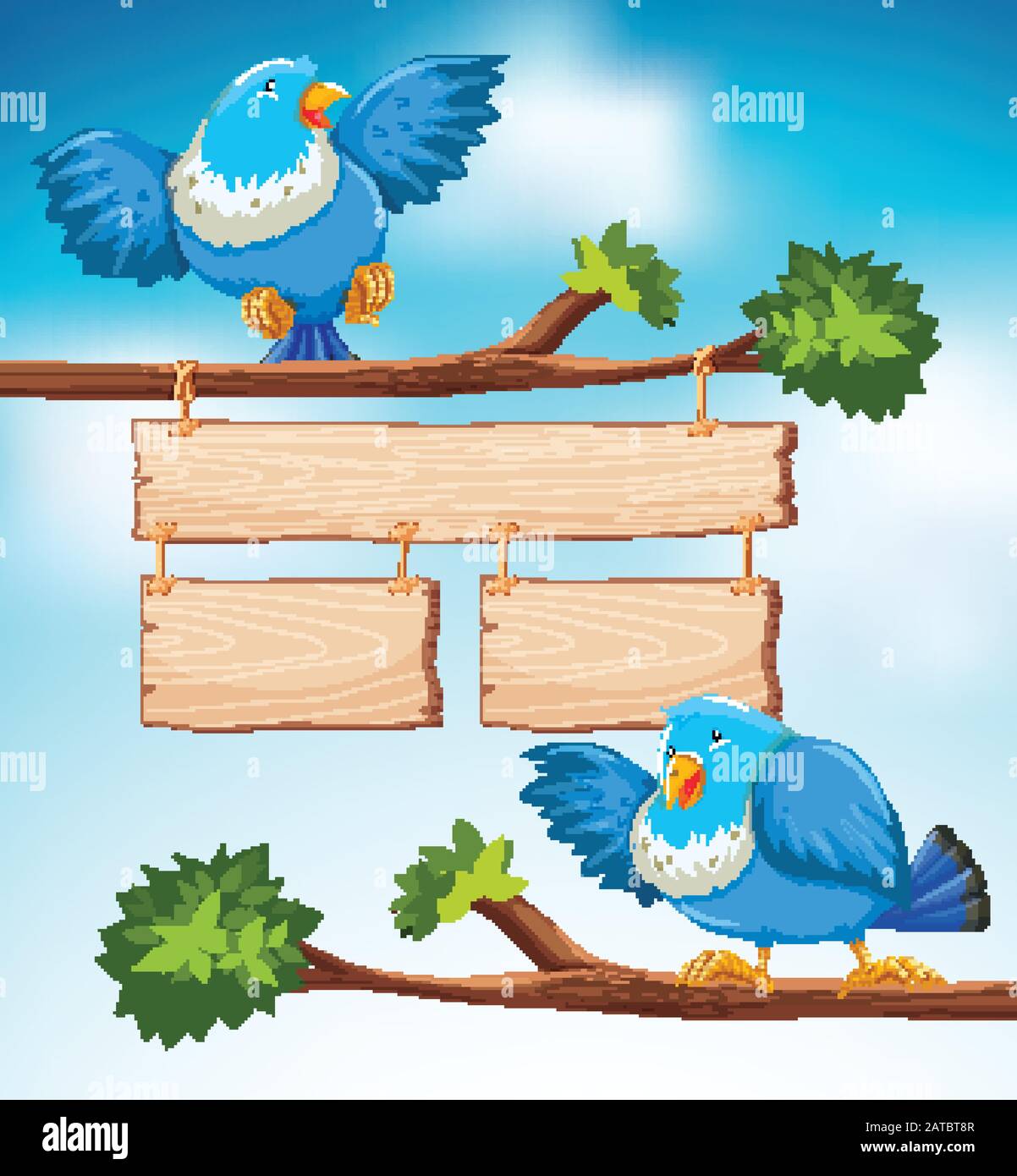 Sign template with two blue birds on the branch background illustration