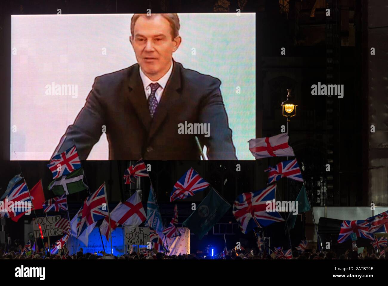 Tony Blair PM recording played to crowds on the big screen at the celebration event in Parliament Square on Brexit Day, 31 January 2020, in London, UK Stock Photo