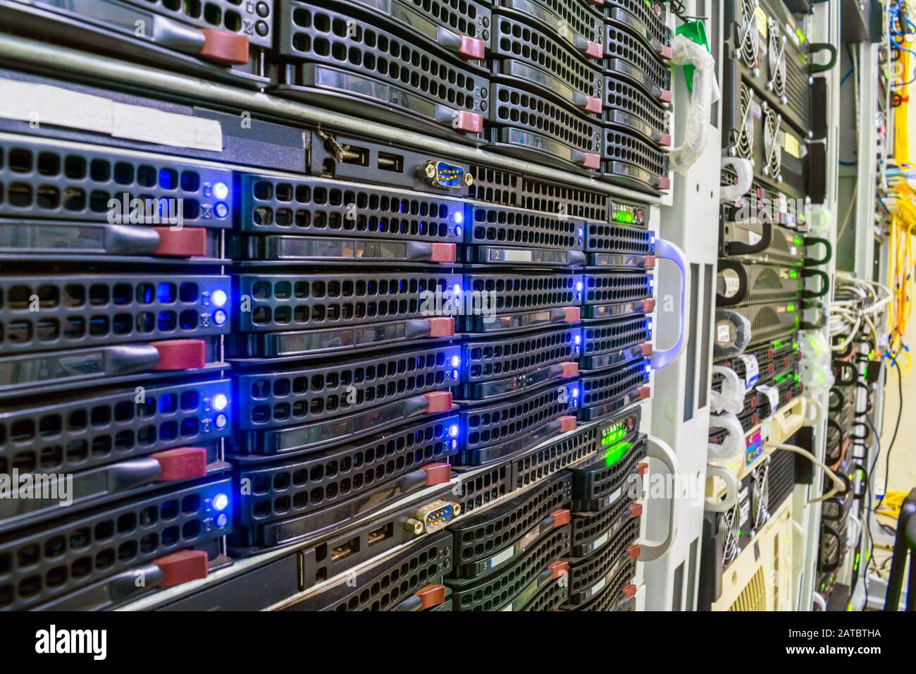 Racks with computer server devices. Hosted services are in the