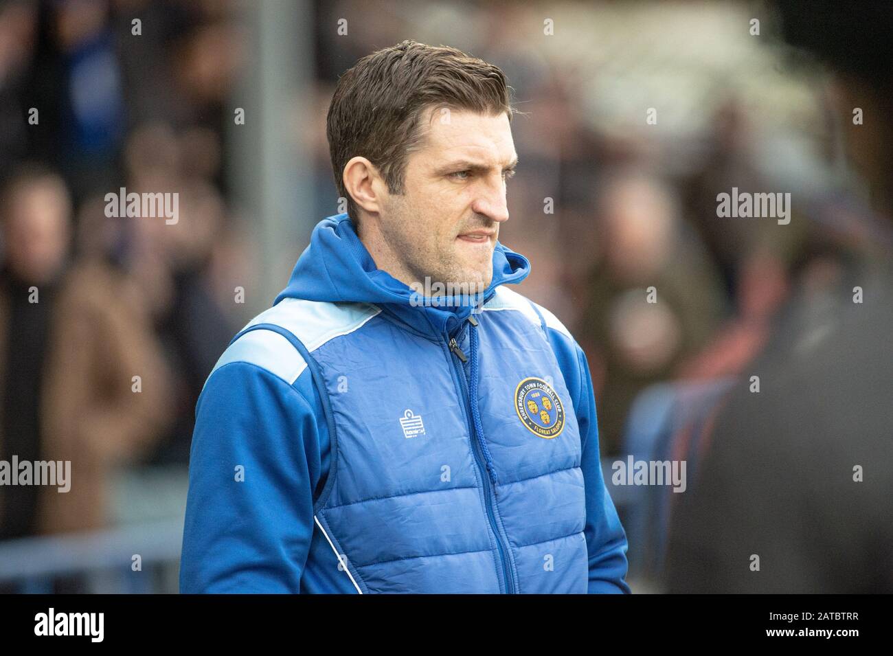 Spotland Stadium, Rochdale, UK. 1st Feb 2020. ROCHDALE, ENGLAND - FEBRUARY 1ST Sam Ricketts, manager of Shrewsbury Town FC during the Sky Bet League 1 match between Rochdale and Shrewsbury Town at Spotland Stadium, Rochdale on Saturday 1st February 2020. (Credit: Ian Charles | MI News) Photograph may only be used for newspaper and/or magazine editorial purposes, license required for commercial use Credit: MI News & Sport /Alamy Live News Stock Photo