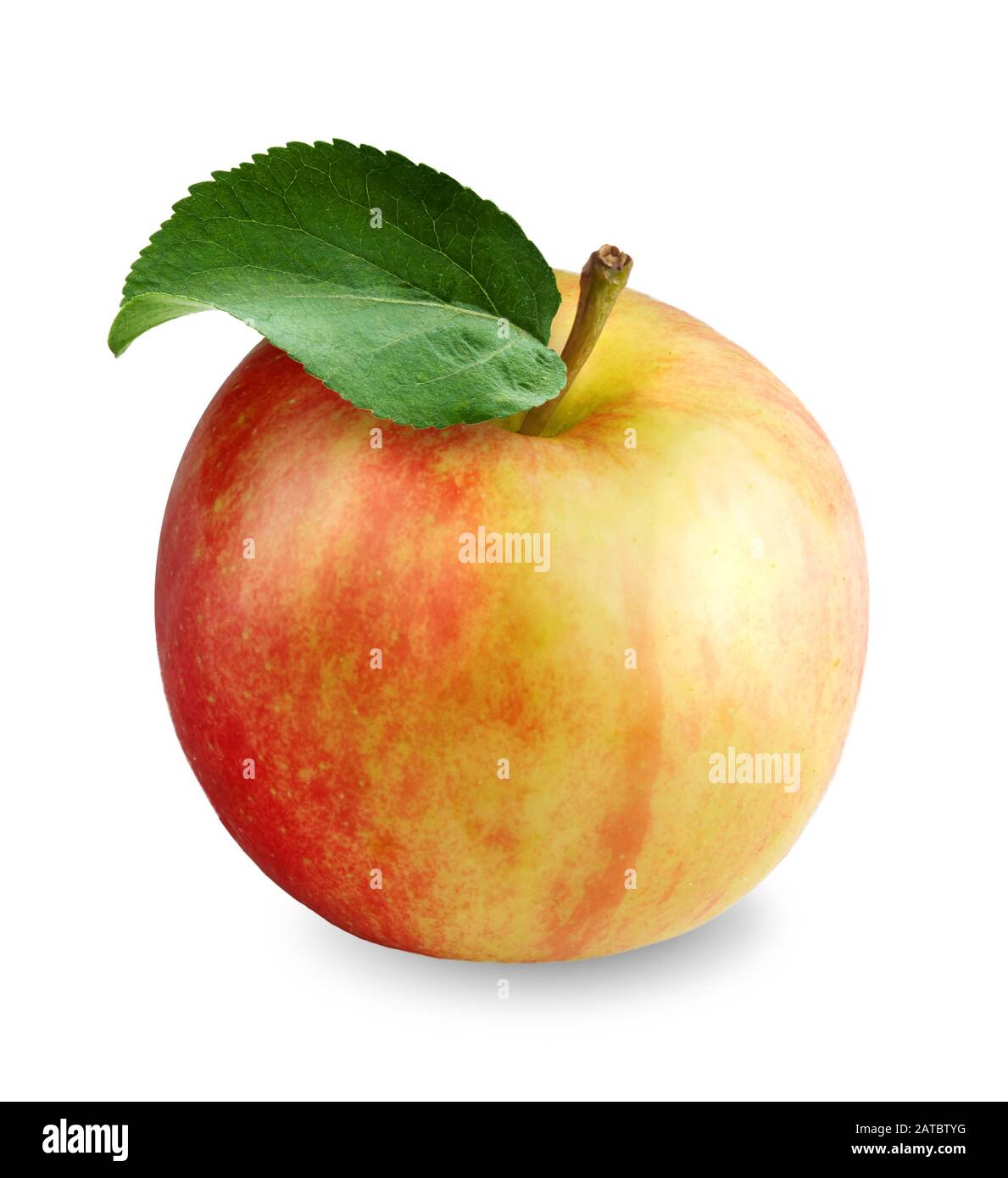 Yellow red apple isolated on white background. Fresh beutiful apple with green apple leaf. Stock Photo