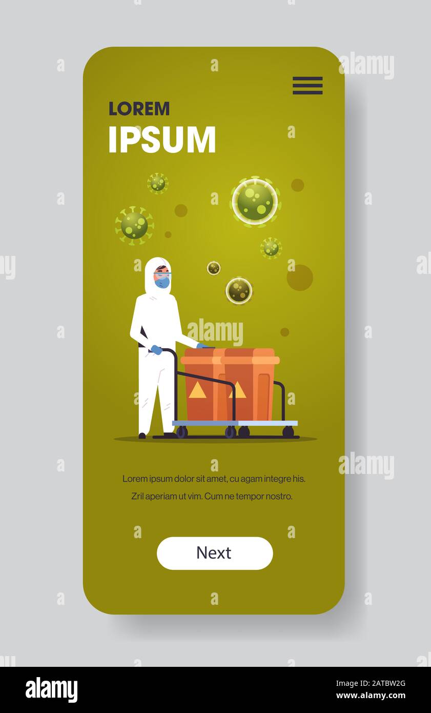 scientist in hazmat suit pushing trolley with biohazard barrel stop coronavirus epidemic MERS-CoV concept wuhan 2019-nCoV pandemic health risk full length smartphone screen mobile app vertical vector illustration Stock Vector