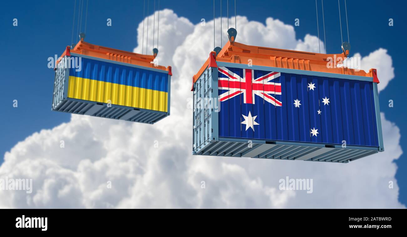 Freight container with Australia and Ukraine flag. 3D Rendering Stock Photo