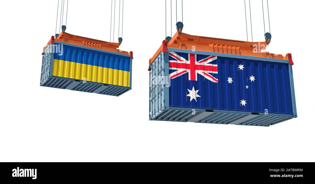 Freight container with Australia and Ukraine flag. 3D Rendering Stock Photo