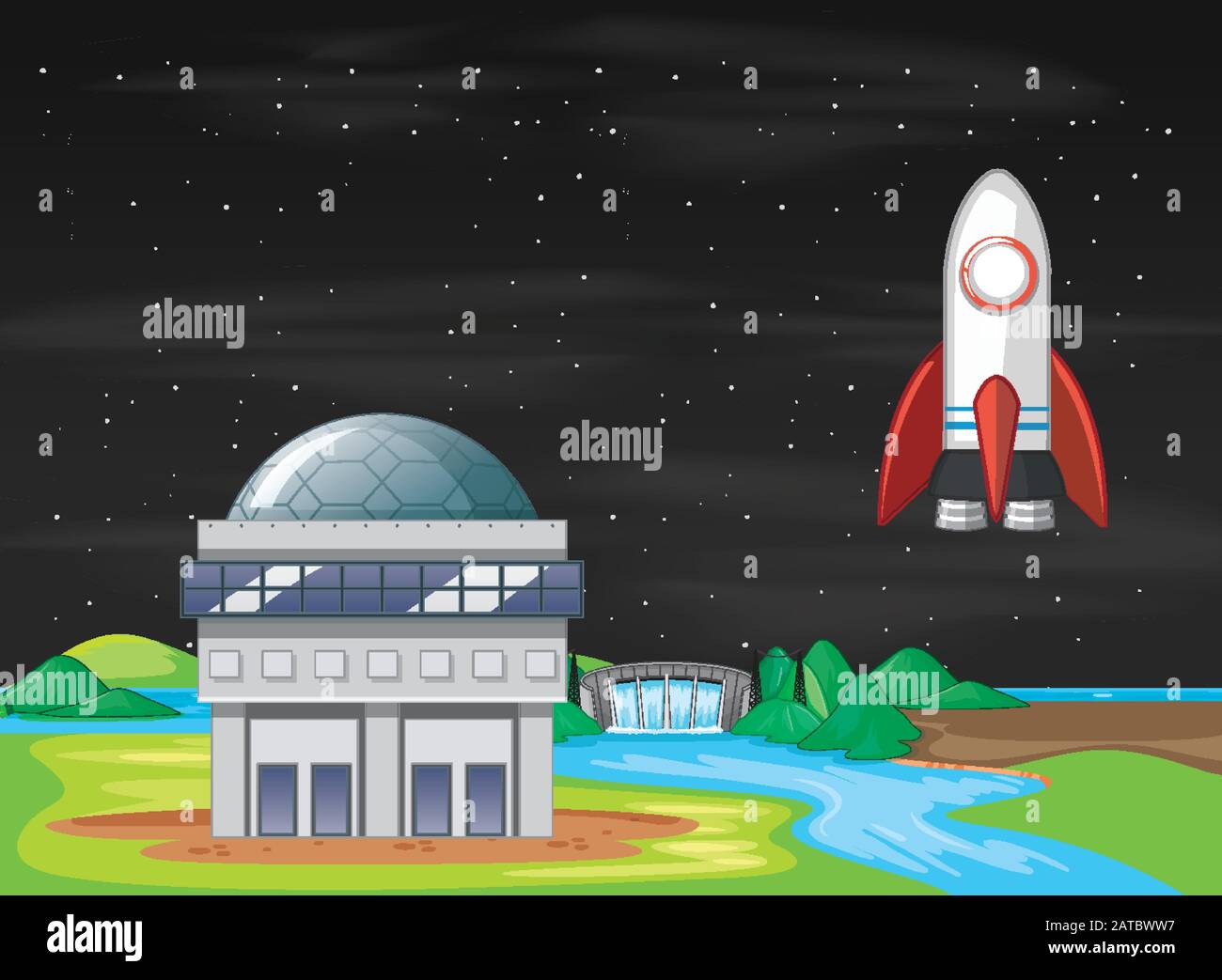 Scene with spaceship flying in the sky illustration Stock Vector Image ...