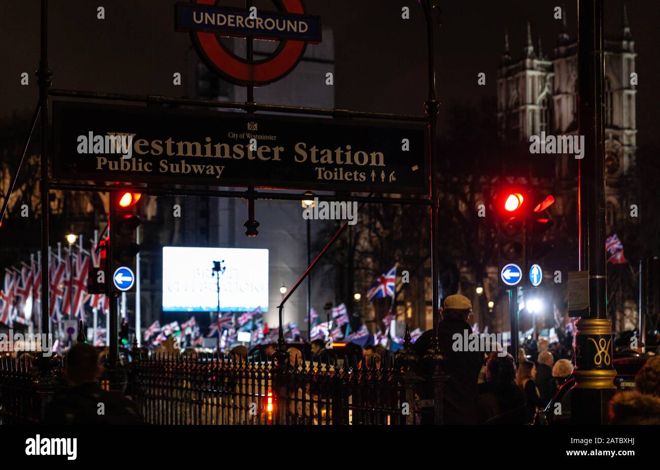 Brexit supporters celebrating at Parliament Square, London, England, UK.Brexit night Stock Photo