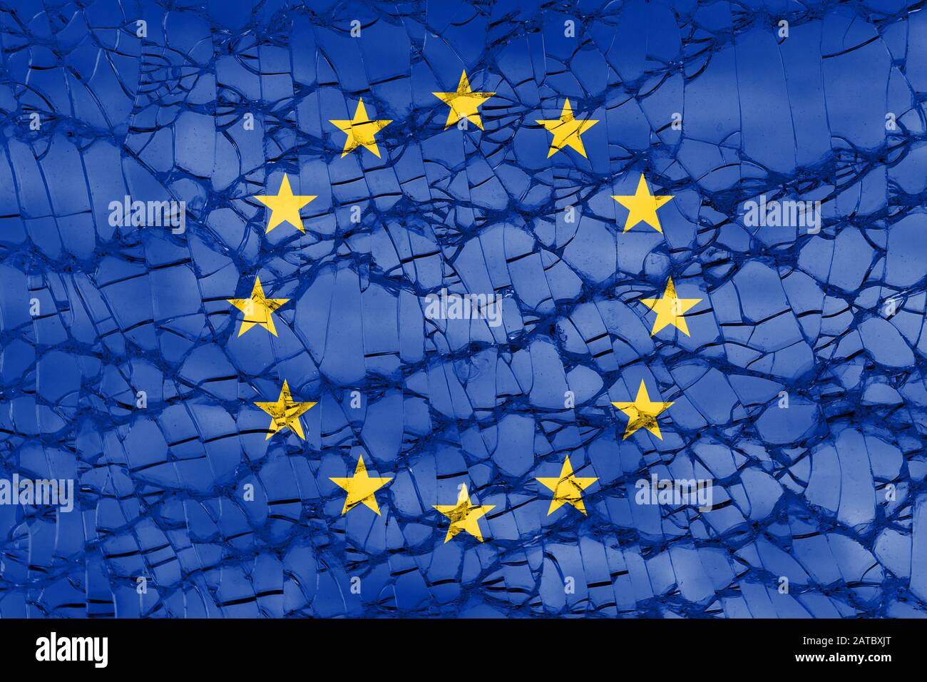 flag of European Union EU with shattered or cracked glass texture - europe crisis breakup or disintegration concept Stock Photo